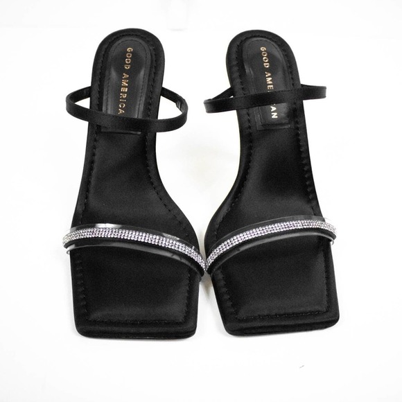 Good American Black Satin High Heels Women Size 6.5 Strappy Square Toe Stiletto - Picture 3 of 9